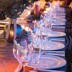 Wedding celebration with raised wine glasses.